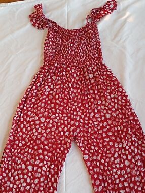 Red Smocked Jumpsuit with White Dot Print